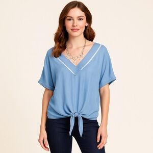 JohnPaulRichard women’s distressed frayed v-neck chambray boho top. Size L